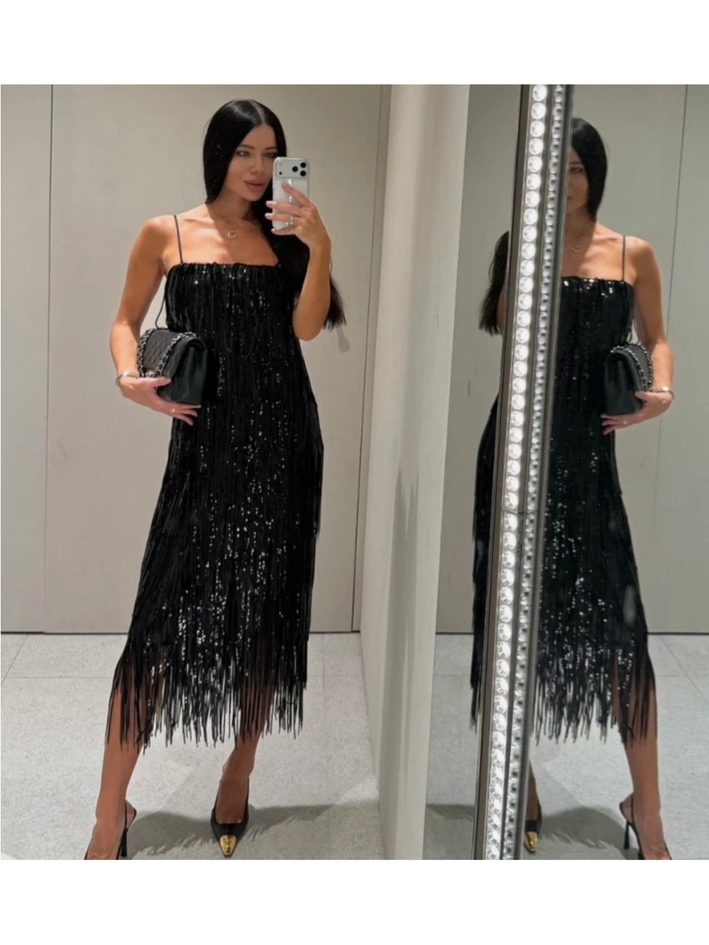 Zara Black Sequin Fringe Midi Dress
